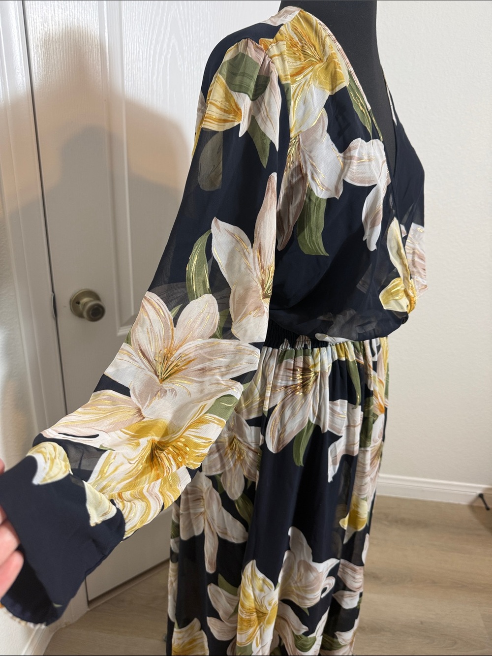 Black Floral Wrap Maxi Dress with Yellow Accents - Picture 4 of 7